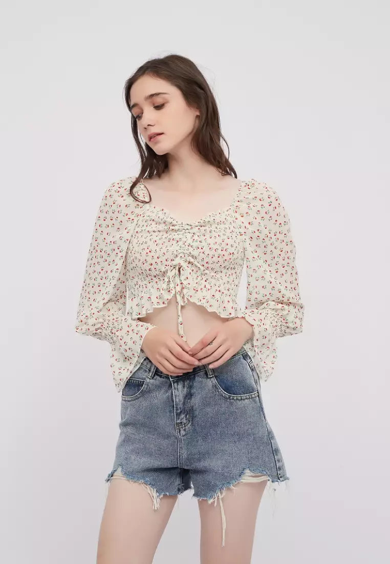 OOTD Floral Chiffon Off shoulder Long Sleeves Crop Top Blouse