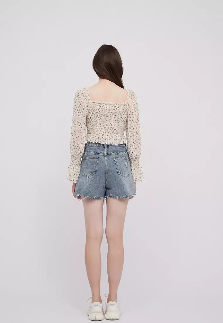 OOTD Floral Chiffon Off shoulder Long Sleeves Crop Top Blouse