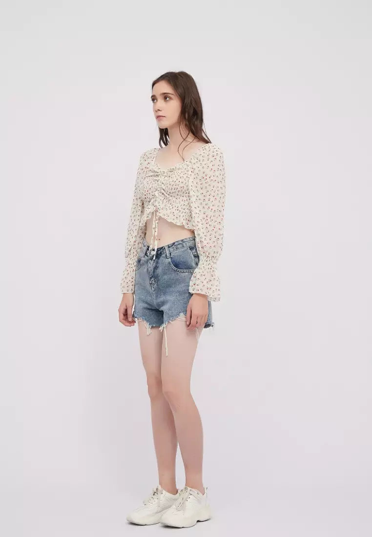OOTD Floral Chiffon Off shoulder Long Sleeves Crop Top Blouse