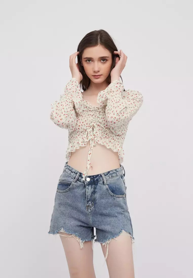 OOTD Floral Chiffon Off shoulder Long Sleeves Crop Top Blouse