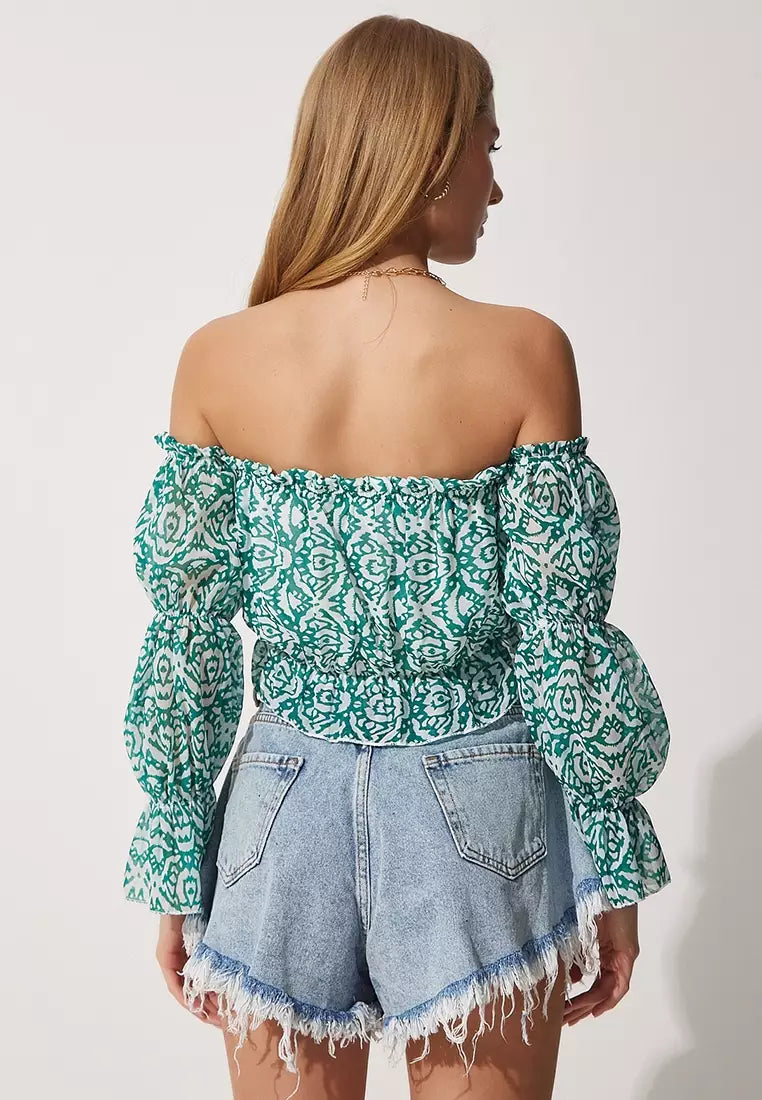 Happiness Istanbul Off Shoulder Crop Top Green