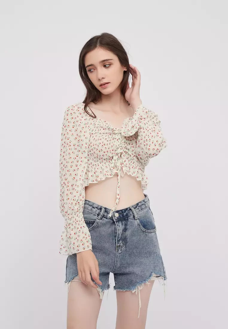 OOTD  Floral Chiffon Off shoulder Long Sleeves Crop Top Blouse